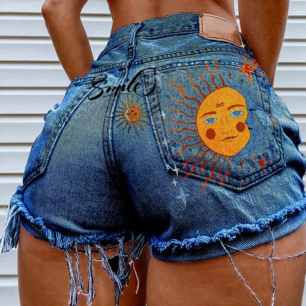 Sun Print Denim Shorts