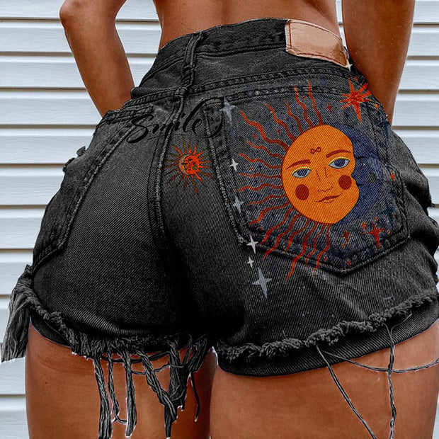 Sun Print Denim Shorts