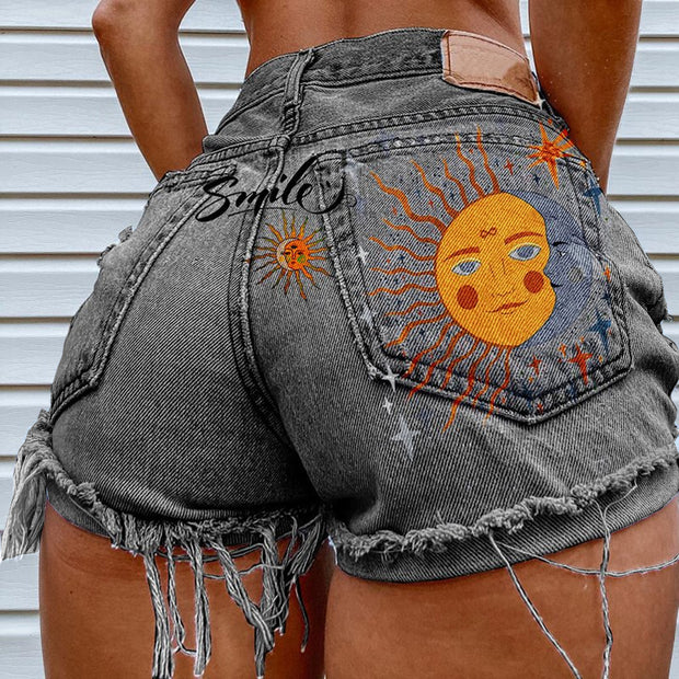 Sun Print Denim Shorts