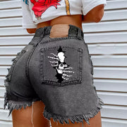 Skull And Bones Print Denim Shorts