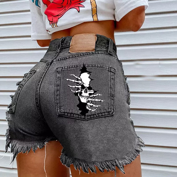 Skull And Bones Print Denim Shorts