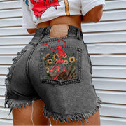 Fashion skeleton sunflower print denim shorts