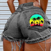 Sunset Vacation Print Denim Shorts