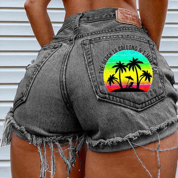Sunset Vacation Print Denim Shorts