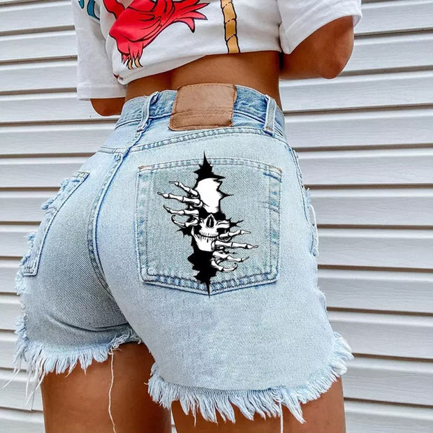 Skull And Bones Print Denim Shorts