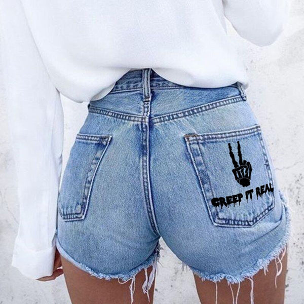 Skull and Bone Print Denim Shorts