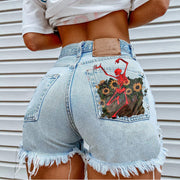 Fashion skeleton sunflower print denim shorts