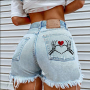 Heart Skull and Bones Print Denim Shorts
