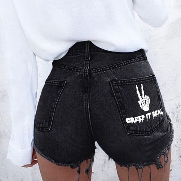 Skull and Bone Print Denim Shorts