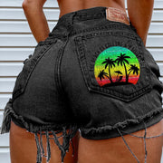 Sunset Vacation Print Denim Shorts