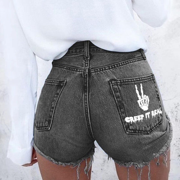 Skull and Bone Print Denim Shorts